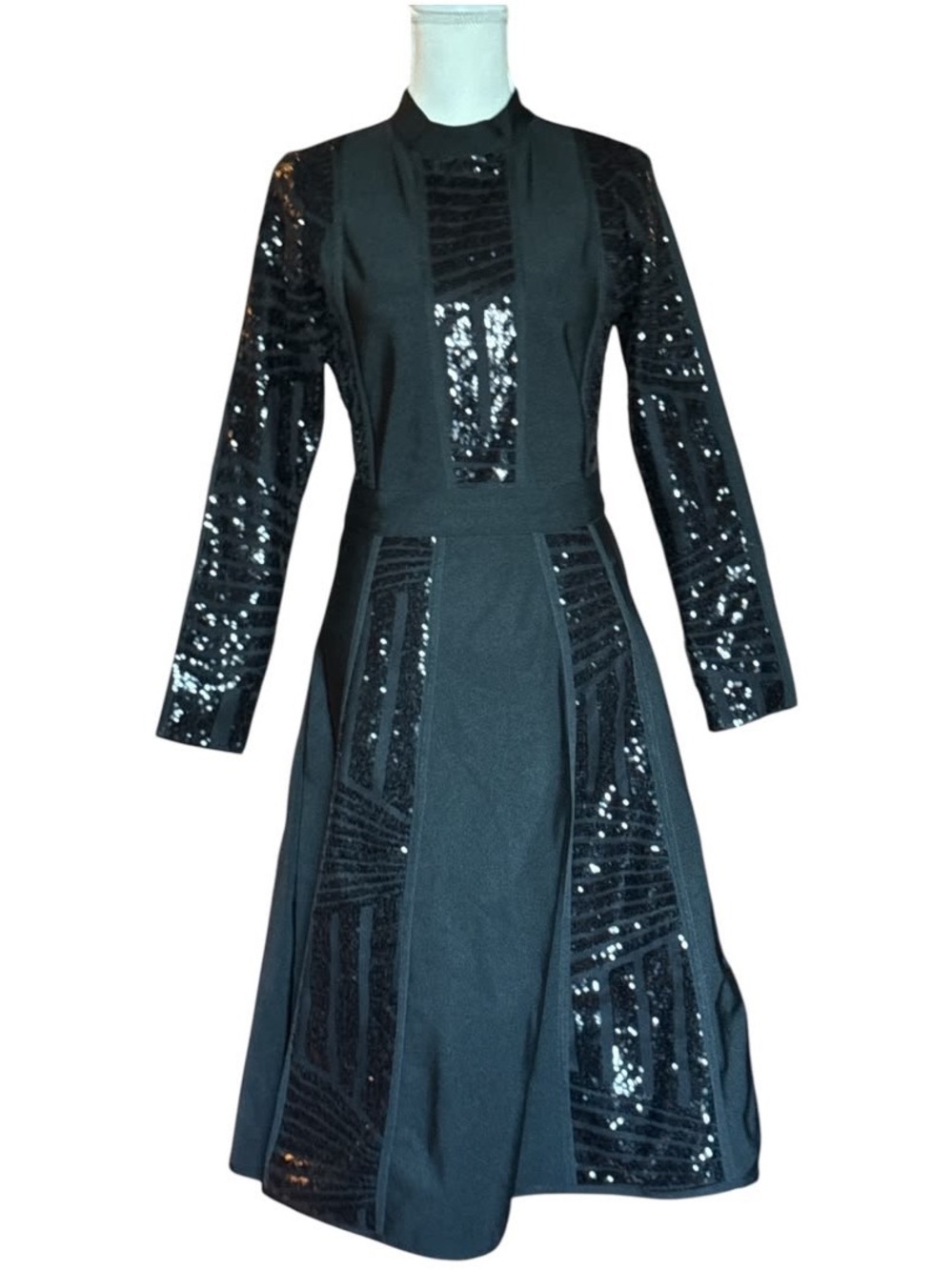 Elegant Black Long-Sleeve Sequin Panel Midi Dress